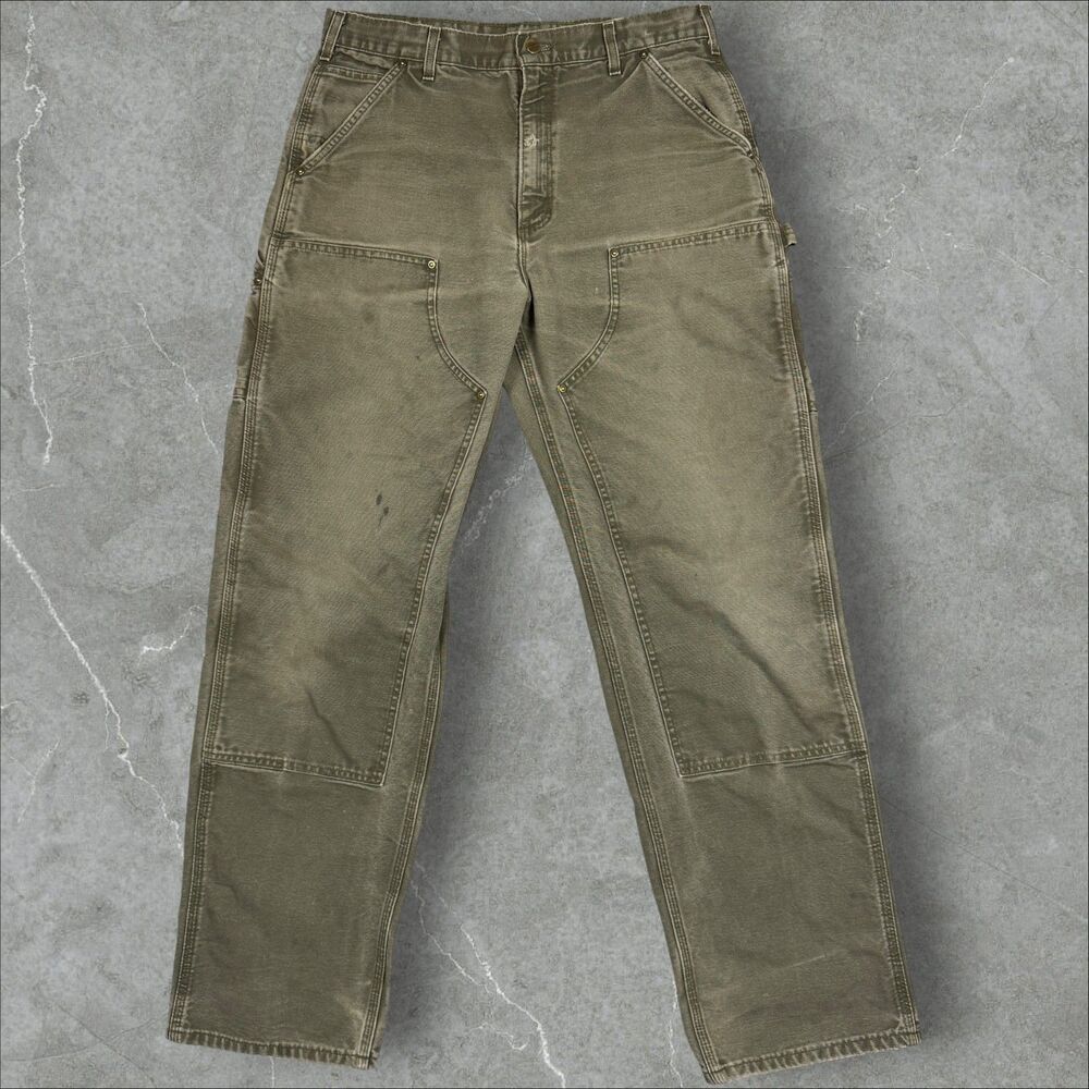 Vintage Carhartt B136 MOS Green Double Knee Distressed Faded Pants -34x34(34x33)